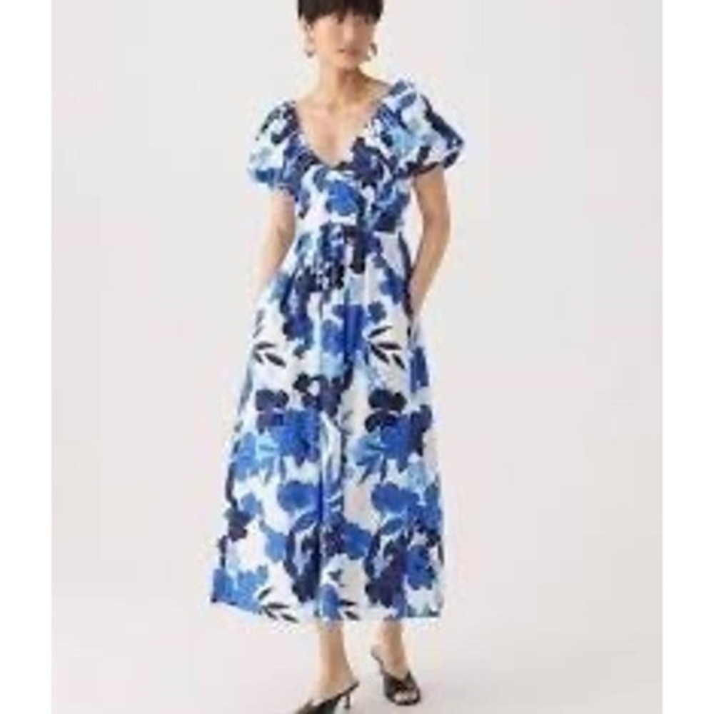 J.Crew Cecily Dress Painted Floral Puff Sleeve Midi Blue White Size‎ 6 Pockets